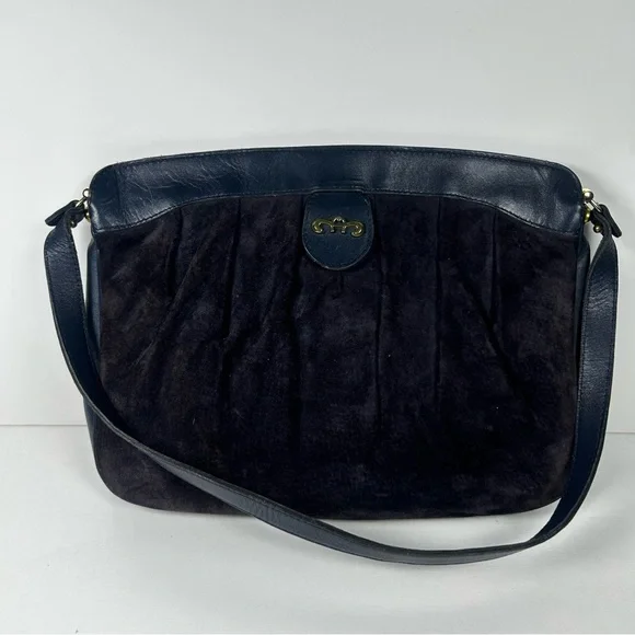 Vintage Etienne Aigner Suede And Leather Blue Shoulder Handbag - Picture 2 of 7